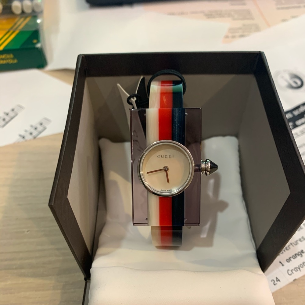 Gucci Women's Bracelet Watch with Red White and Blue Striped Band